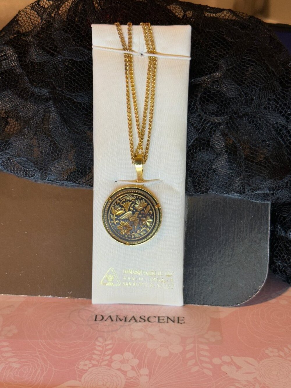 Vintage Necklace Damascene Love Bird 22k and 24k gold Foil and Wire Inlaid Spain